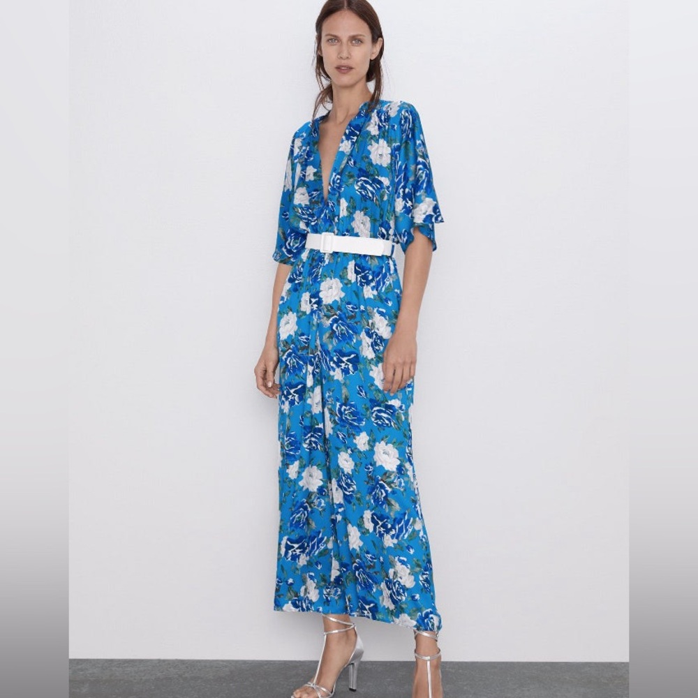 Zara Blue Floral Rose Printed Wide Leg Jumpsuit with Belt